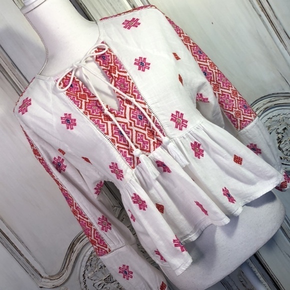 TOPSHOP PETITE 100% Cotton Embroidered Ethnic Long Sleeve Popover Top Size 0 - Picture 2 of 11